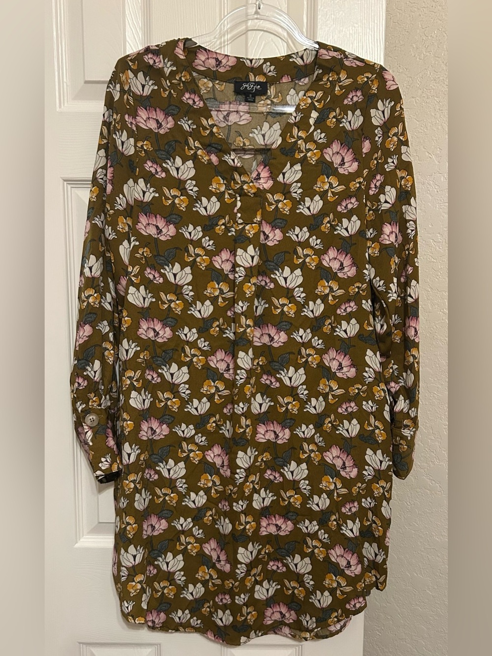 Floral Olive/brown Tunic Dress with pockets- Earthy/Whimsical